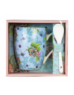 Taza cerámica con cuchara enesco flores