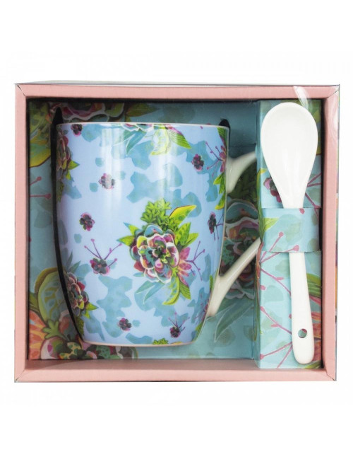 Taza cerámica con cuchara enesco flores