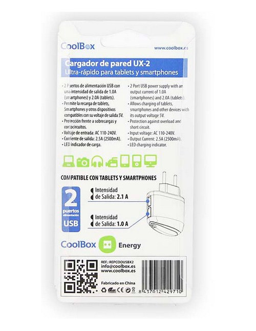 Cargador coolbox pared 5v 2xusb