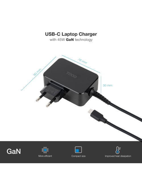 Cargador pared tooq tqlc - usbcgan45pd 45w gan