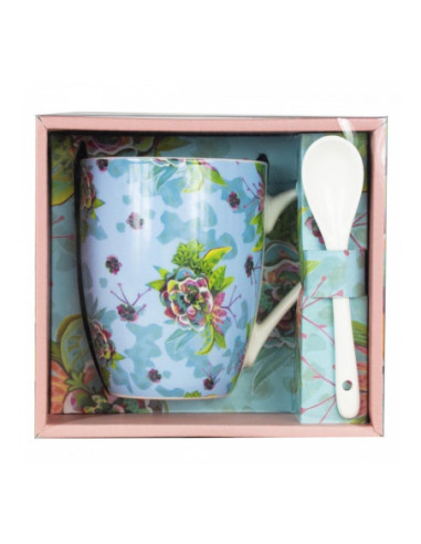 Taza cerámica con cuchara enesco flores