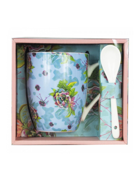 Taza cerámica con cuchara enesco flores